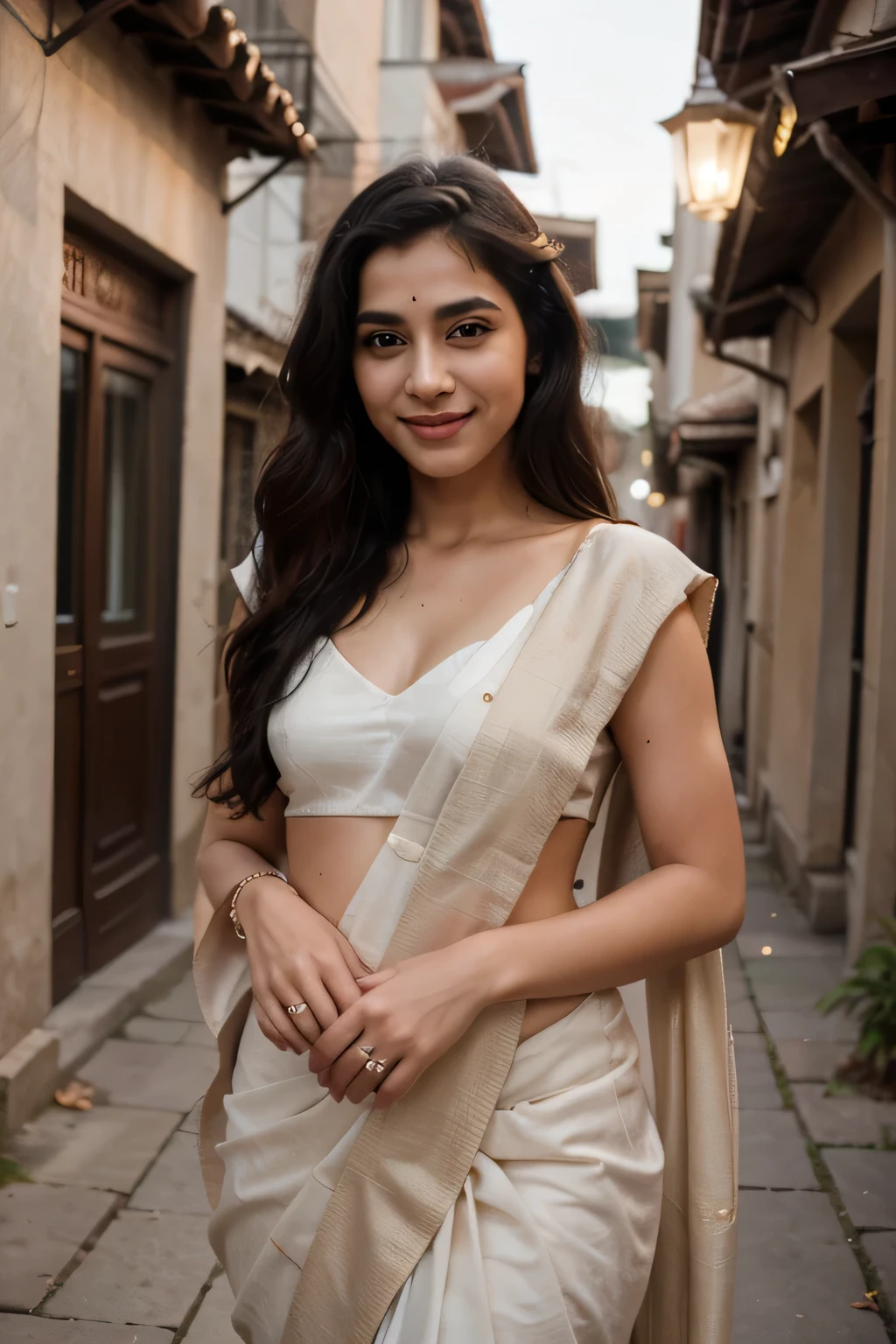 21yo girl smiling face beautiful eyes, black hair, walking in a moonlit courtyard, exotic girl, indian, looking at the viewer, shining skin, perfect lighting, the embodiment of grace and elegance, ( saree ),  clear details, beautiful, detailed eyes, detailed pupil, volumetric lighting, Ultra Detailed, unity 8k wallpaper, ultra detailed, aesthetic, masterpiece, best quality, photorealistic smiling, marriage function,