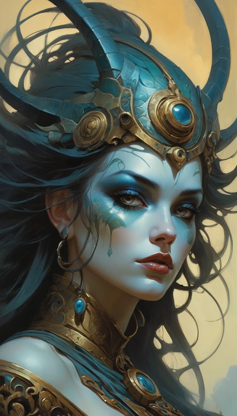 Close-Up, (face), upbody, by Peter Mohrbacher and Gerald Brom,  best quality, masterpiece, very aesthetic, perfect composition, intricate details, ultra-detailed