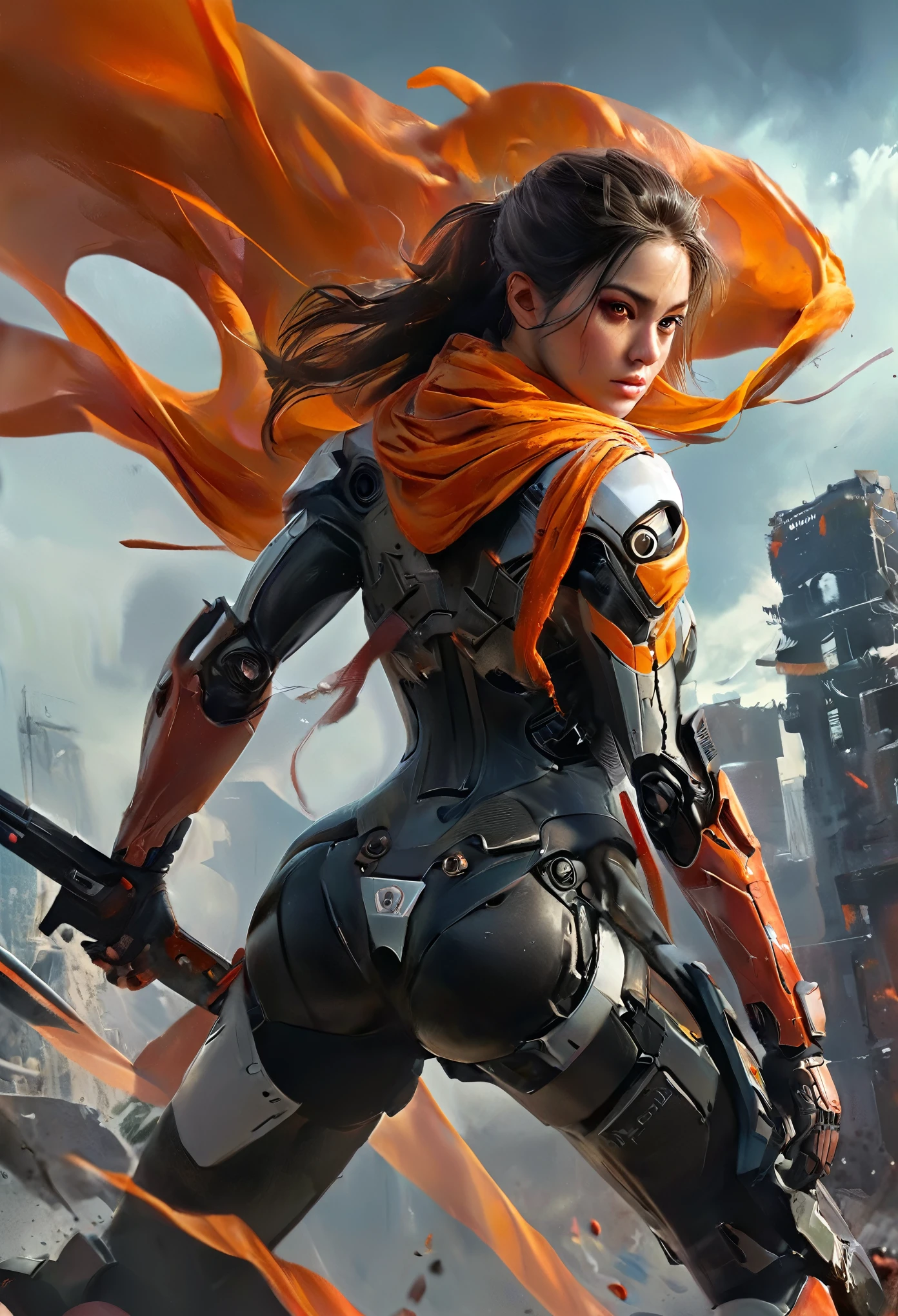 (best quality,4k,8k,highres,masterpiece:1.2),ultra-detailed,(Ultra-realistic, photorealistic,photo-realistic:1.37), a deadly ninja woman in a powerful mech suit, heavy AWP rifle on her back, digital SLR camera, light tracing, 3d, concept art, action painting, cinematic lighting, chiaroscuro, (1.3) emphasizing the curves of her body, long graceful white ponytail, (0.5) hints of violence and horror, a long red scarf flowing in the wind, a war-torn city in the background, 8k resolution, beautiful face, high nose, iridescent eyes, Matte Black, Metallic orange, (NSFW:1.2)