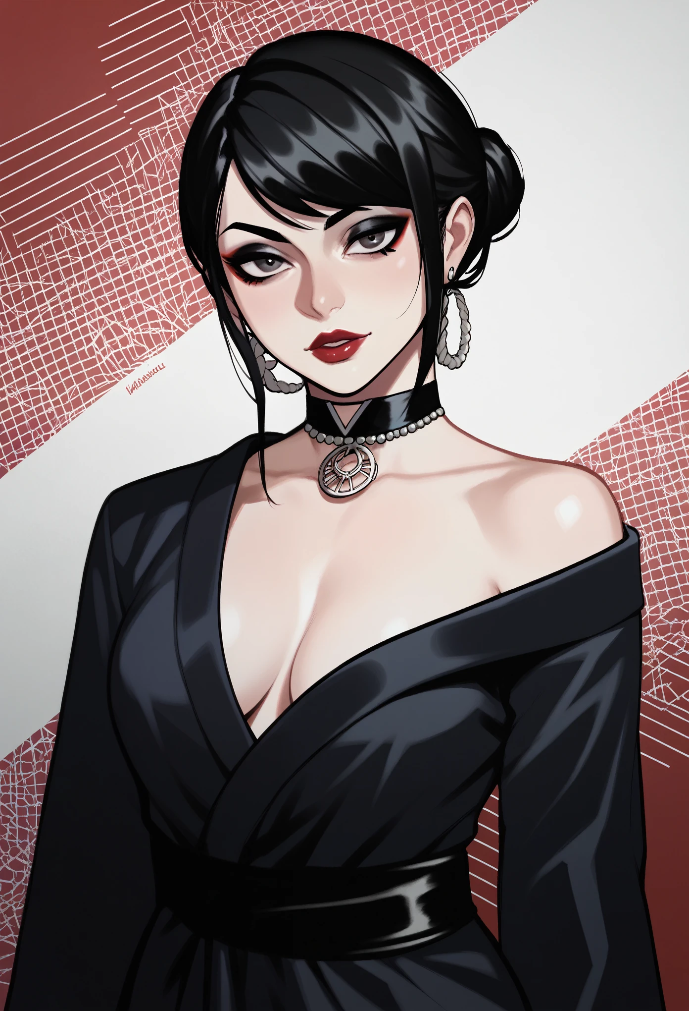 score_9, score_8_up, score_7_up, score_6_up, score_5_up, score_4_up, BREAK 1girl, intricate, Yakuza outfit , (eyeliner:1.2), looking at viewer, black hair, bun-cut, long hair, pale skin, jewelry, detailed background, breasts (masterpiece, high quality:1),
