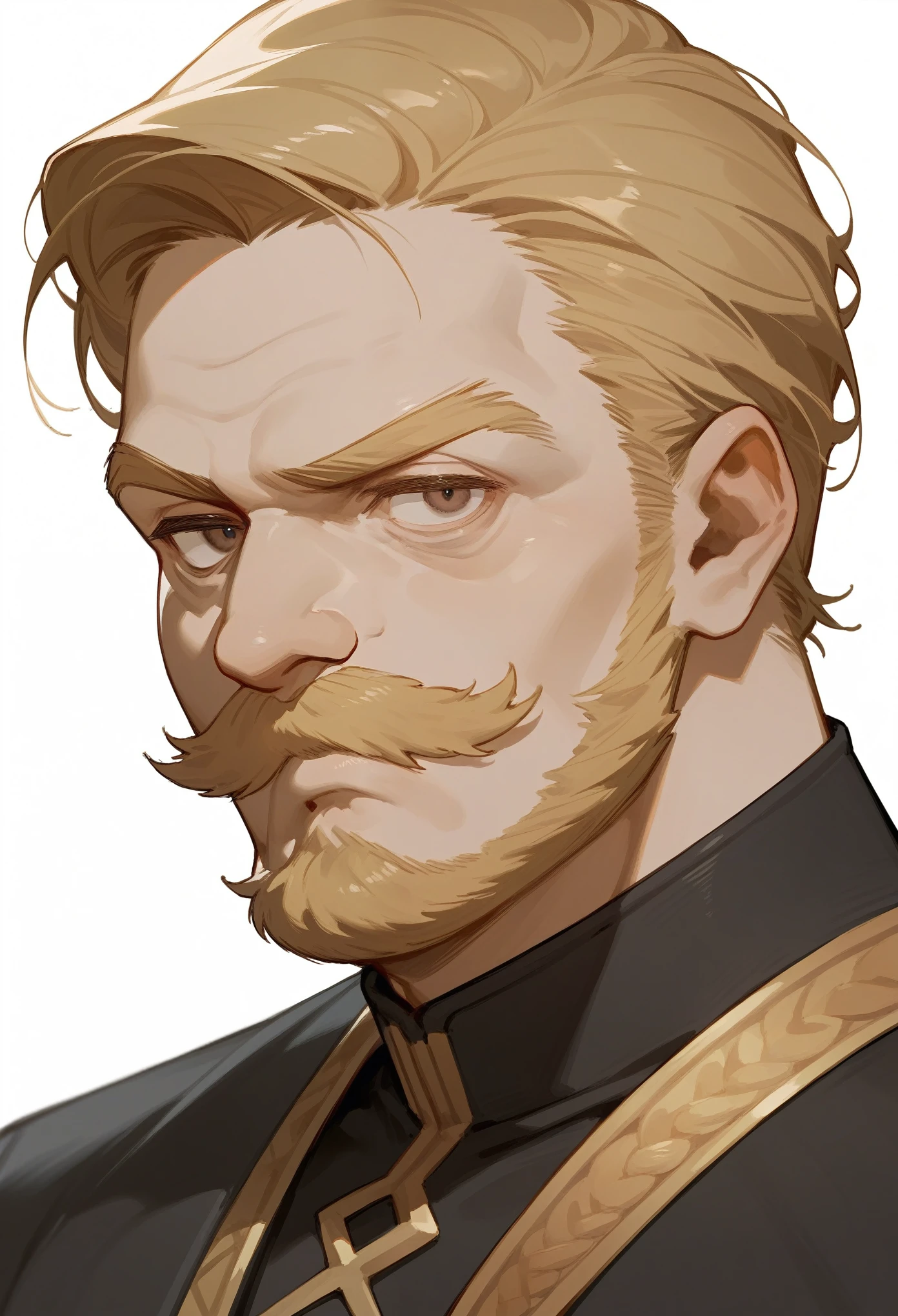 (score_9, score_8_up, score_7_up), 1boy, middle aged man, blonde hair, beard, mustache, sharp eyes, dark brown eyes, black robe, serious, bags under eyes, portrait, white background, simple background,