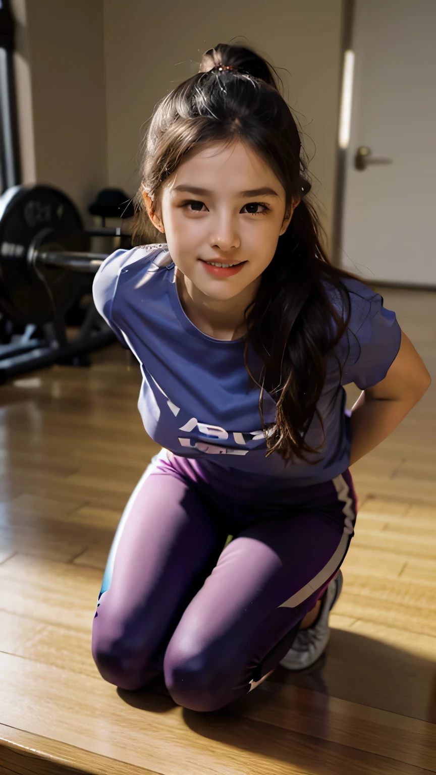 Korean girl, slim figure, 22 year old girl, kpop idols, ((Exercise outfit with purple t-shirt and pink pants.)), ((Highest quality, 8ก, Masterpiece: 1.3)), Sharp focus: 1.2, Beautiful woman with a perfect figure: 1.4, Highly detailed facial and skin textures, Detailed eyes, ((thin)), Beautiful face, Symmetrical face, full length, Work out in the gym in step-up positions by taking photos from different angles., Sweet smile, (smile: 1.2)