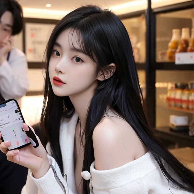  (high quality), (NSFW:1.2), Split the screen vertically, A woman and a man are dating online by exchanging messages using a smartphone chat app.. 20 years old, korean, long distance relationship, The text is written in English., whole body