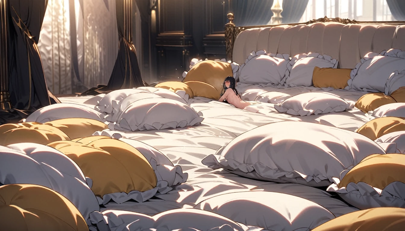 Lots of giant silk pillows. Ejaculating Prince. Blushing. Drooling. cry. naked. Sweaty. Luxury bed. A large amount of Calpis concentrate is scattered around