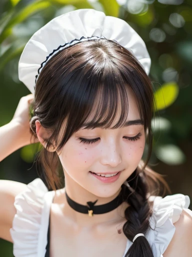 masterpiece、masterpiece、One girl per photo、(Face close-up、Cowboy Shot)、Front view from the front、Japanese、Very young and beautiful woman、(The cutest girl in the world)、24-years-old、Makes your face smaller、Small breasts、Cleavage、Wearing a cute black maid outfit made of short sleeve silk satin、Very elaborate costumes、Smiling at the cafe、Black ribbon headdress、Scrunchie、Black choker、Attractive appearance、Super cute face、Glossy Lips、Double eyelids on both eyes、low twintails、Long eyelashes、Shiny and smooth light brown hair、Short Twin Tails、Asymmetrical bangs、Center image、8K resolution、Advanced Details、Detailed hairstyle、Detailed face、Great cinema lighting、Octane Rendering、Ultra-realistic、Perfect limbs、Perfect Anatomy、Gravure pose、(embarrassed、blush、open clothes、cleavage)、((High angle、belly button、Beautiful clavicle、Put your hands up、Armpits、Open your mouth a little、Close ~ eyes、Look up))、Selfie、freckles、Round Glasses、undressing、changing clothes、erect nipples