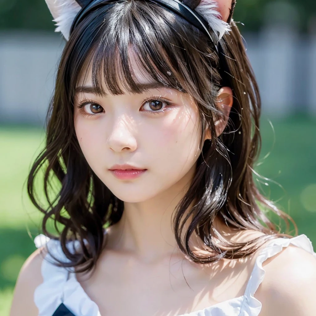 (highest quality,masterpiece:1.3,Ultra-high resolution),(Very detailed,Caustics,8k),(Realistic:1.4,RAW shooting),18-year-old,日本語 cute日本の女の子,,A little sad look,Looking at the camera, Good figure,Rembrandt Lighting, (Photorealistic:1.2), (highest quality), (Detailed skin:1.3), (Intricate details), Ray Tracing,One girl, In detail,real,Scattered beneath the surface,(blush:0.5), Detailed skin texture, Black Hair, Long Hair,Cat ears headband, (Wavy Hair:1.2), (Blunt bangs:1.2), cute, Black Sailor Suit,(Face Focus:1.1),(Face close-up:1.1),Collarbone Bare Skin,Rye field,Sunset