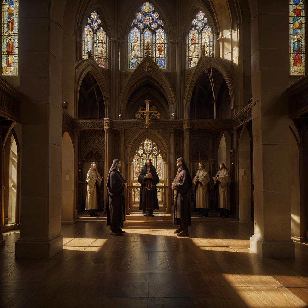 a solemn cathedral interior, medieval byzantine monks praying,long austere robes, golden light through stained glass windows, religious icons and frescoes, contemplative atmosphere, photorealistic, intricate details, muted color palette, dramatic lighting, cathedral architecture, vaulted ceilings, stone columns, religious devotion, spiritual transcendence, (best quality,4k,8k,highres,masterpiece:1.2),ultra-detailed,(realistic,photorealistic,photo-realistic:1.37),cathedral interior,medieval architecture,byzantine monks,religious icons,stained glass windows,dramatic lighting,muted colors,photorealistic,intricate details,spiritual atmosphere