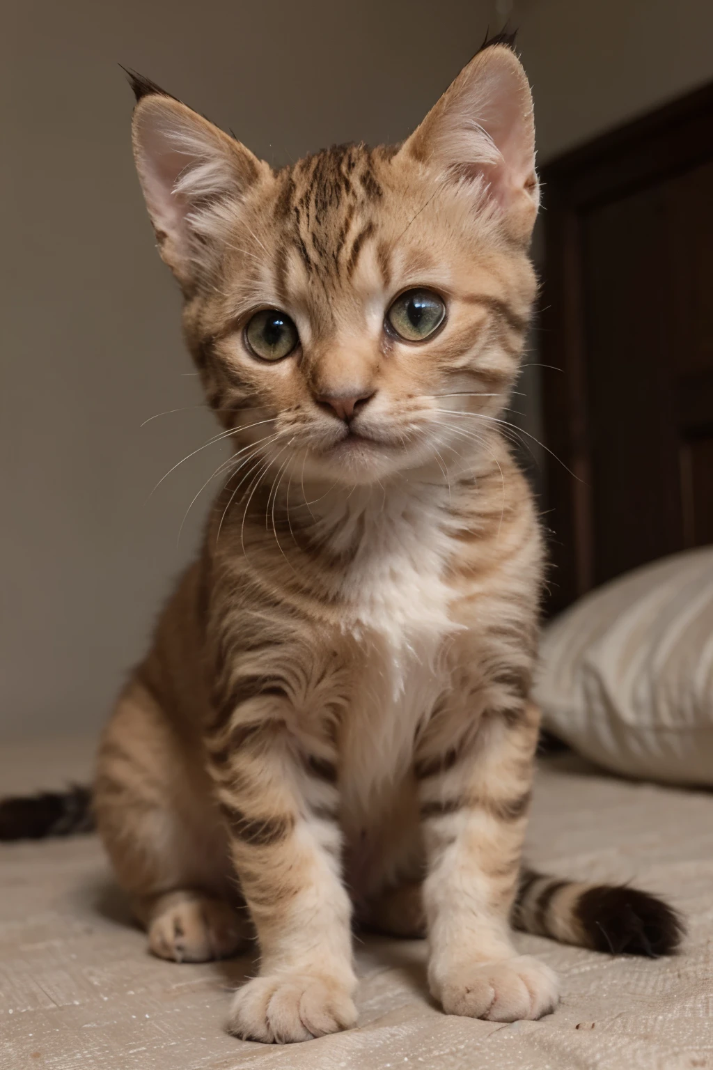((best quality)), ((masterpiece)), (detailed), cutest face, please create a brown striped tabby kitten with flecks of ginger that is the cutest ever. Make it a Disney like design. Photo realistic