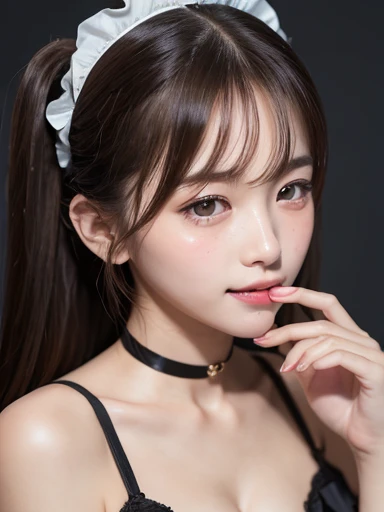 masterpiece、masterpiece、One girl per photo、(Face close-up、Cowboy Shot)、Front view from the front、Japanese、Very young and beautiful woman、(The cutest girl in the world)、24-years-old、Makes your face smaller、Small breasts、Cleavage、Wearing a cute black maid outfit made of short sleeve silk satin、Very elaborate costumes、Smiling at the cafe、Black ribbon headdress、Scrunchie、Black choker、Attractive appearance、Super cute face、Glossy Lips、Double eyelids on both eyes、low twintails、Long eyelashes、Shiny and smooth light brown hair、Short Twin Tails、Asymmetrical bangs、Center image、8K resolution、Advanced Details、Detailed hairstyle、Detailed face、Great cinema lighting、Octane Rendering、Ultra-realistic、Perfect limbs、Perfect Anatomy、Gravure pose、(embarrassed、blush、open clothes、cleavage)、((High angle、belly button、Beautiful clavicle、Put your hands up、Armpits、Open your mouth a little、Close ~ eyes、Look up))、Selfie、freckles、Round Glasses、undressing、changing clothes