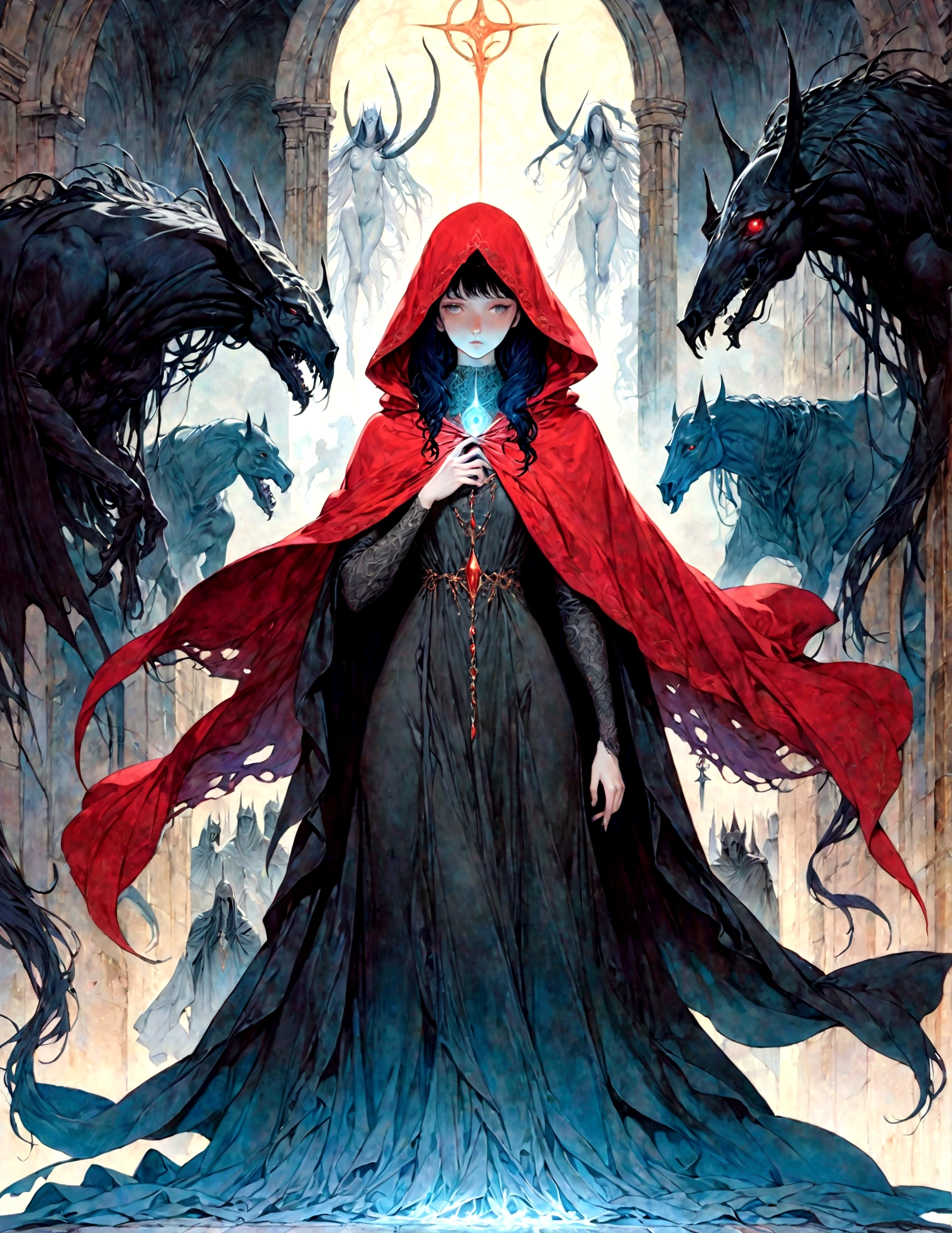 a poster for the lord of the rings, beksinkski, nazgul, by charles vess, long torn red cape, persephone as goddess of death, with a long black cape, abaddon and magali villeneuve, in a cloak with long hairs, michael whelan and gustave dore, dark cloak, marc _ simonetti, stunning fantasy horror