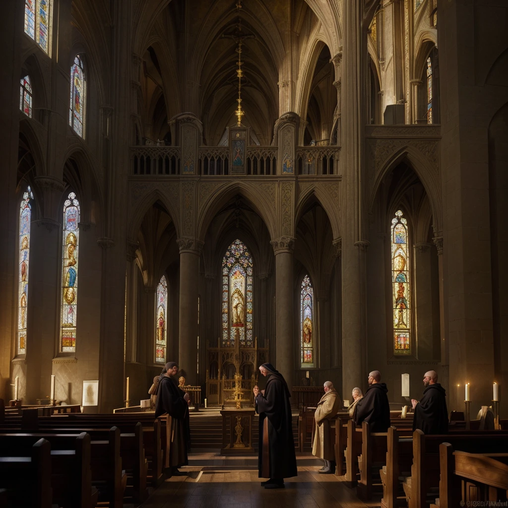 a solemn cathedral interior, medieval byzantine monks praying,long austere robes, golden light through stained glass windows, religious icons and frescoes, contemplative atmosphere, photorealistic, intricate details, muted color palette, dramatic lighting, cathedral architecture, vaulted ceilings, stone columns, religious devotion, spiritual transcendence, (best quality,4k,8k,highres,masterpiece:1.2),ultra-detailed,(realistic,photorealistic,photo-realistic:1.37),cathedral interior,medieval architecture,byzantine monks,religious icons,stained glass windows,dramatic lighting,muted colors,photorealistic,intricate details,spiritual atmosphere