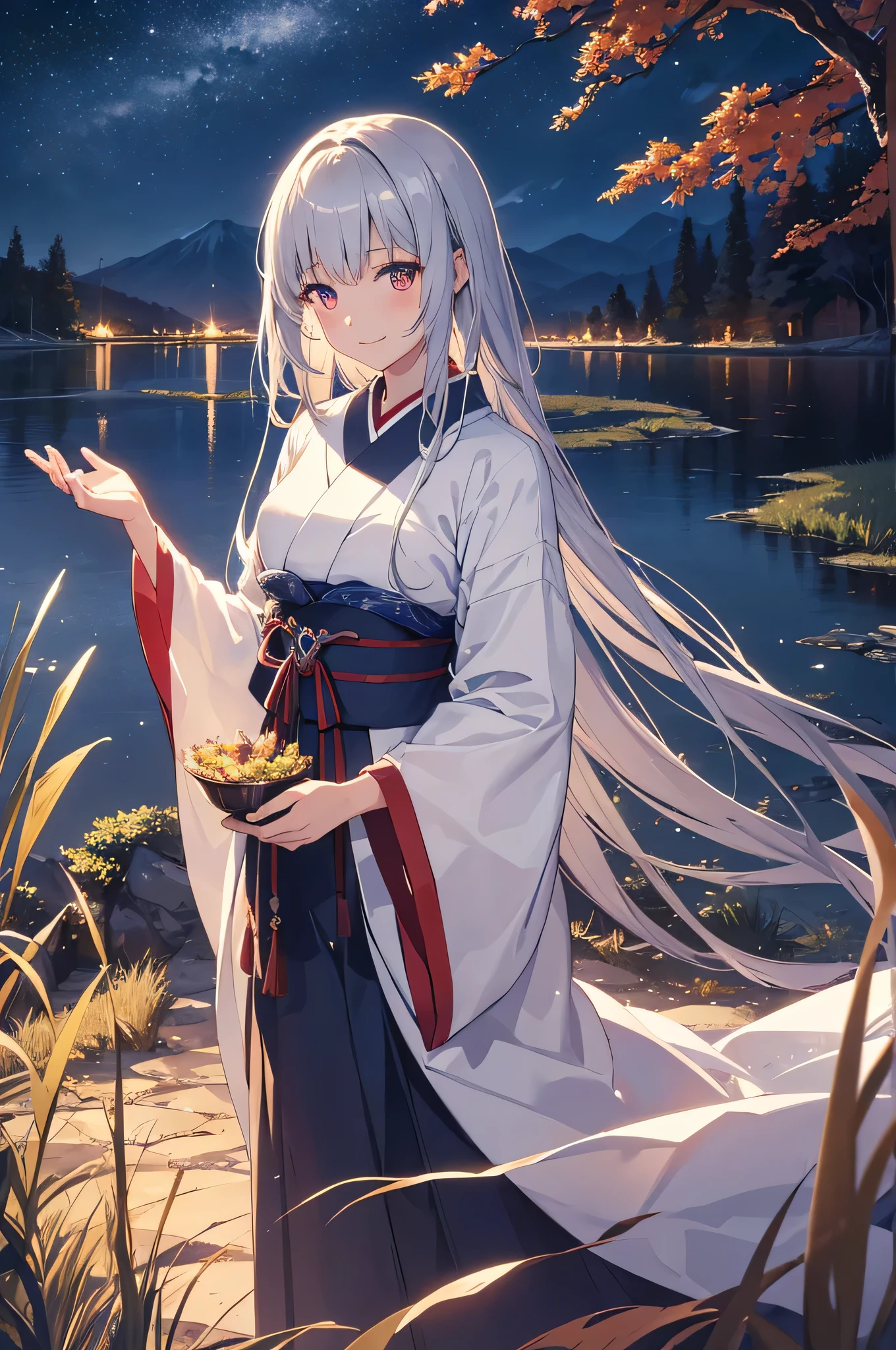 Artwork themed around Japanese silver grass, ((highest quality)), High resolution, 8k, Cinematic Light, High Contrast, Written boundary depth、smile、sharp、Autumn moonlit night、beautiful, Strong brilliance, Detailed Background, One Girl, cute, fine grain, Shining Eyes, Detailed Iris,healing