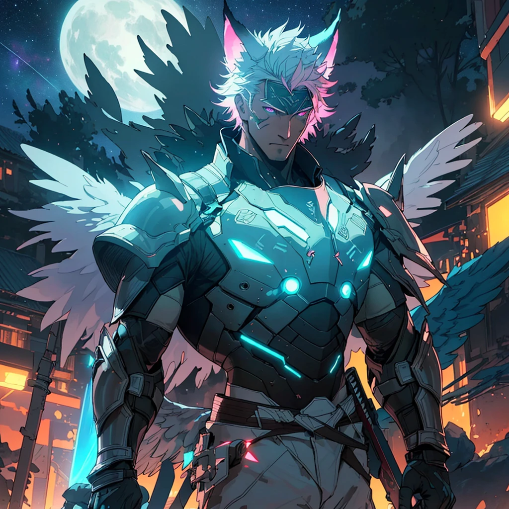 warrior with long wings, old men with wolf ears, (ultra-detailed), (perfect lighting), (dynamic angle), floating while landing, futuristic retro armor, long sword, fire pink neon glowing outline, starry sky, colorful clouds