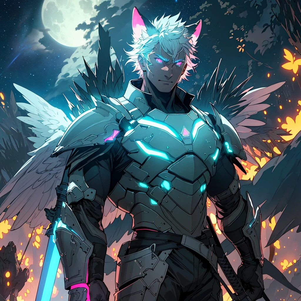 warrior with long wings, old men with wolf ears, (ultra-detailed), (perfect lighting), (dynamic angle), floating while landing, futuristic retro armor, long sword, fire pink neon glowing outline, starry sky, colorful clouds