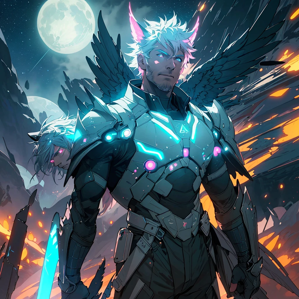 warrior with long wings, old men with wolf ears, (ultra-detailed), (perfect lighting), (dynamic angle), floating while landing, futuristic retro armor, long sword, fire pink neon glowing outline, starry sky, colorful clouds