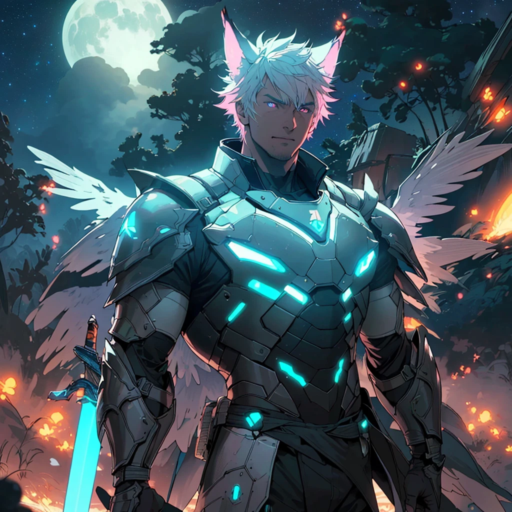 warrior with long wings, old men with wolf ears, (ultra-detailed), (perfect lighting), (dynamic angle), floating while landing, futuristic retro armor, long sword, fire pink neon glowing outline, starry sky, colorful clouds