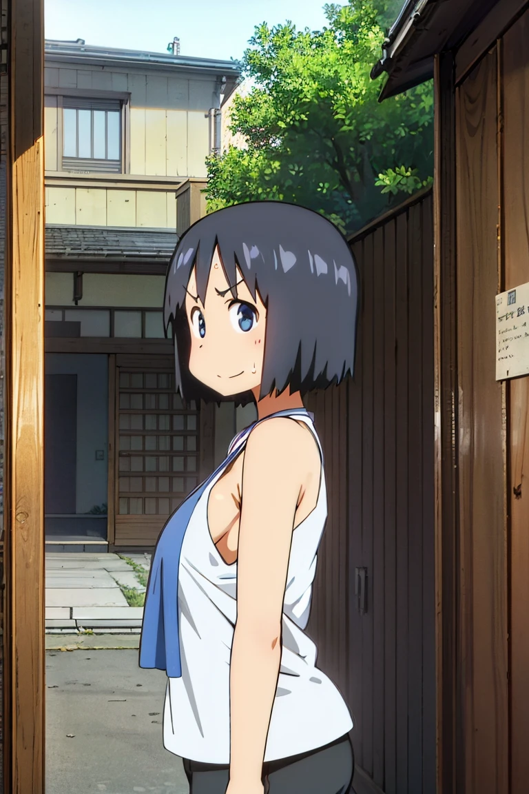 Kyoto animation, female, short hair, middle parted hairstyle, black hair, dark blue eye, cute face, thick eyebrows, big breast, sexy butt, slim body, sexy thigs, sport tanktop, sweat, sweet smile, 90s style, 