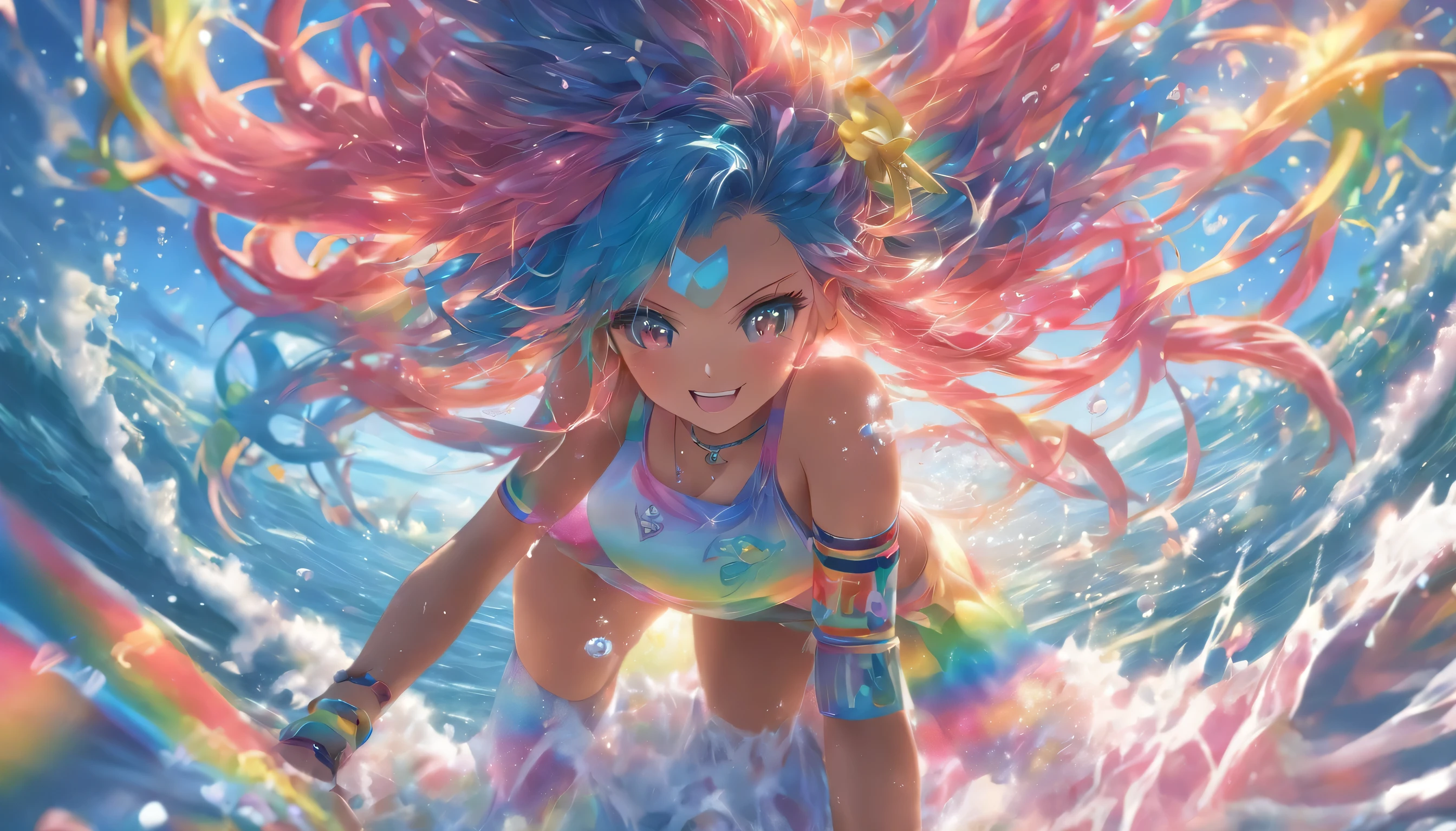 Transparent color PVC clothing, Transparent Vinyl Bikini, Prismatic, Holographic, chromatic aberration, Fashion Illustration, masterpiece, DJ Girl,, 8k, Super detailed, Pixiv、((Wearing metal sunglasses))、((Colorful Hair))、((Wearing futuristic headphones))、((I'm sticking out my belly button))、((Swaying bust))、(((Rainbow Hair)))、((Too big boobs))、(((In the water ocean)))、(((Many glowing bubbles)))、