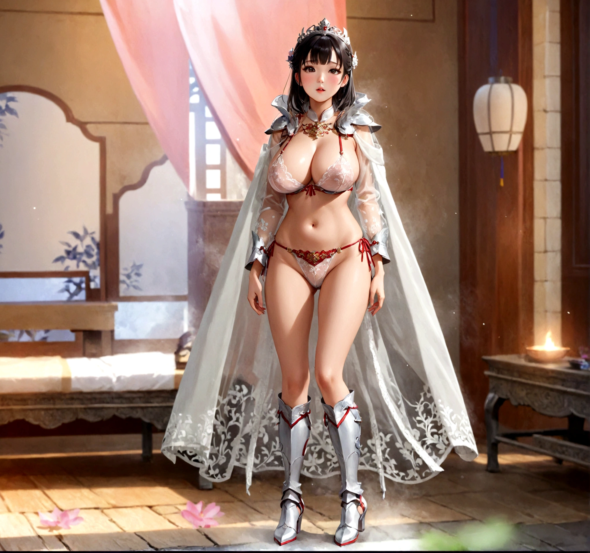 Chinese Princess,Short hair girl, Strong sexual desire,Burning with desire, Bikini is almost transparent,see-through clothing,almost naked, Huge breasts,Long-legged girl, Put on metal boots, long cloak