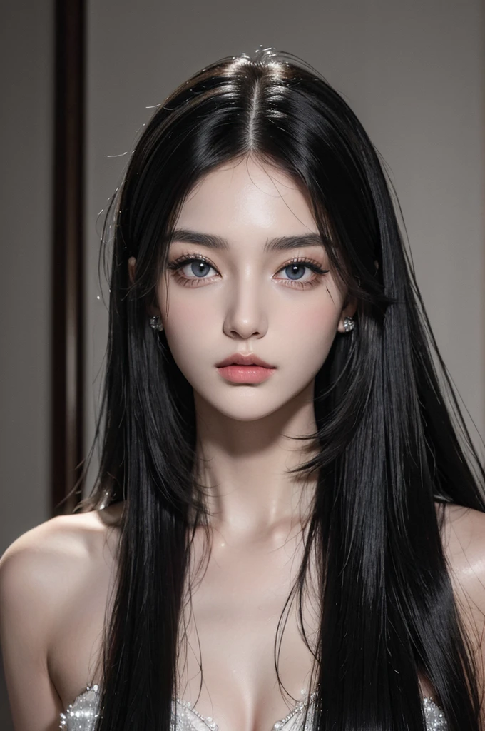 (best quality:1.4),(masterpiece:1.4),(photorealistic:1.4),(ultra high res, raw photo:1.4),(hdr, hyperdetailed:1.2),close up, 1woman,(black long straight hair:1.4), ((close up)), (feline eyes), (fierce beauty), elegant, (big eyes), (moles)