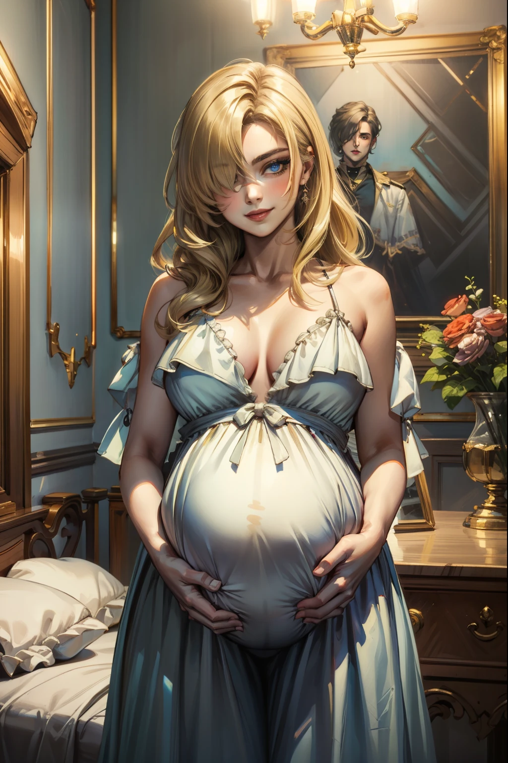 (masterpiece, best quality:1.2), solo, 1girl, hair over one eye, blue eyes, Gentle smile, Make up, Pregnant, American house interior, Maternity dress,