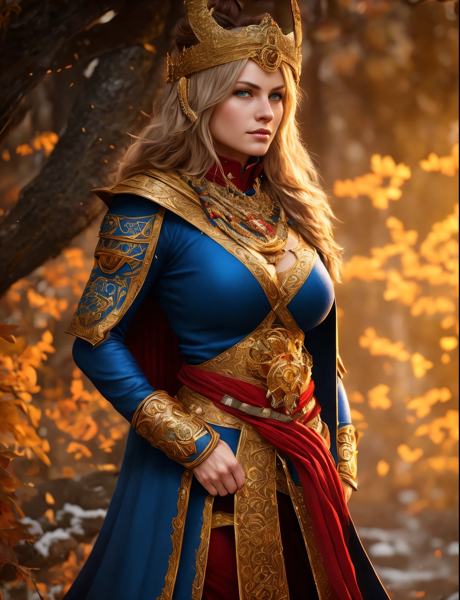 Full body Portrait of the Great Nordic Queen, a very gorgeous woman, thick figure, amazing figure, 50 years old, ?????? warrior costumes, dark red styled fluffy hair, natural Blue eyes, a nose with a bump, an elongated chin, dressed in ancient national,
8k resolution, dynamic lighting hyperdetailed intricately detailed Splash art trending on Artstation triadic colors Unreal Engine 5 volumetric lighting, oil painting, heavy strokes