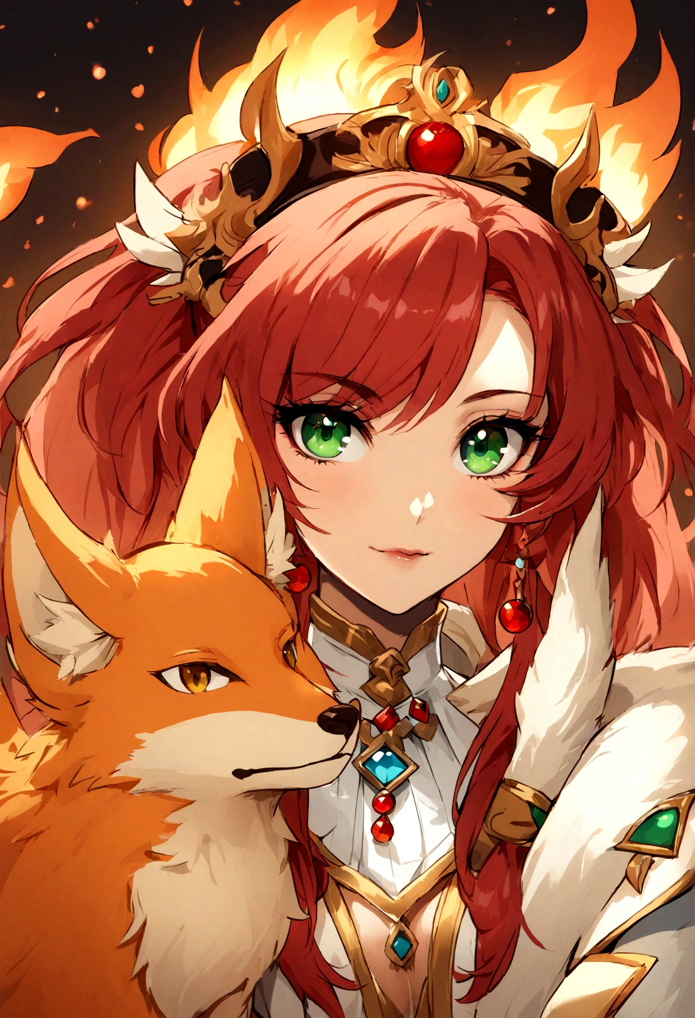 a close up of a woman with red hair and a fox, a beautiful fox lady, foxgirl, orange skin and long fiery hair, green eyes, magali villeneuve', graphic artist magali villeneuve, ginger hair and fur, inspired by Magali Villeneuve, in style of anne stokes, red haired goddess, fantasy fox love, fire hair, by Galen Dara