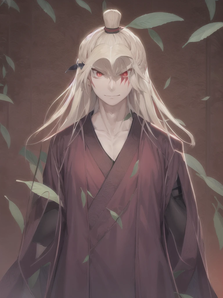 Drawing of a man with long hair and purple clothes, Inspired by Tōshūsai Sharaku, Sleek hair and Han outfit, hands behind back, With eyes that shine red., Right eye has a scar, Inspiration from Soami, Ufotable art style, Inspired by Ryūkōsai Jokei, Rurouni Kenshin, glowing red eyes, Anime style ninja scroll, bamboo tree background, bamboo leaves blowing ,Chinese style