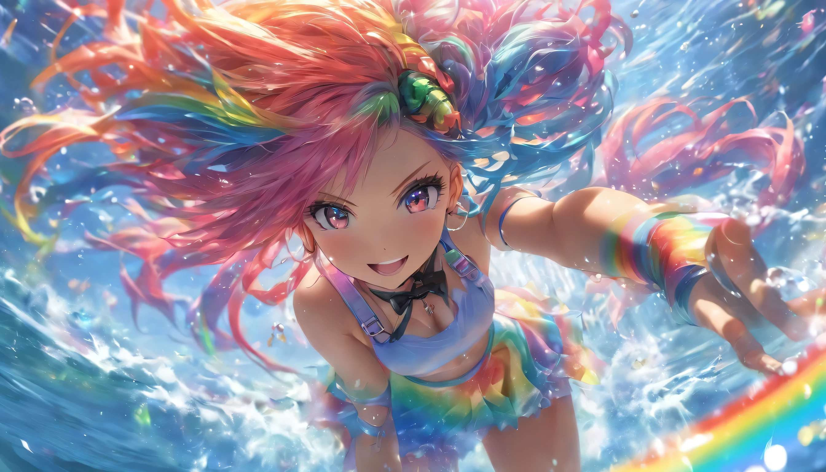 Transparent color PVC clothing, Transparent Colorful Vinyl Waiter, Prismatic, Holographic, chromatic aberration, Fashion Illustration, masterpiece, DJ Girl, View Viewer, 8k, Super detailed, Pixiv、((Colorful Hair))、Wearing headphones、、((I'm sticking out my belly button))、((A pose that emphasizes the chest))、(((Rainbow Hair)))、((mini skirt))、((Long legs))、(((Water sea)))