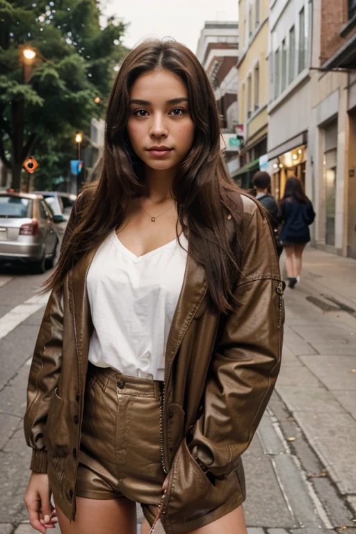 Brunette girl, 22 years old, medium long hair, light skin, medium chest brown eyes dressed in the street