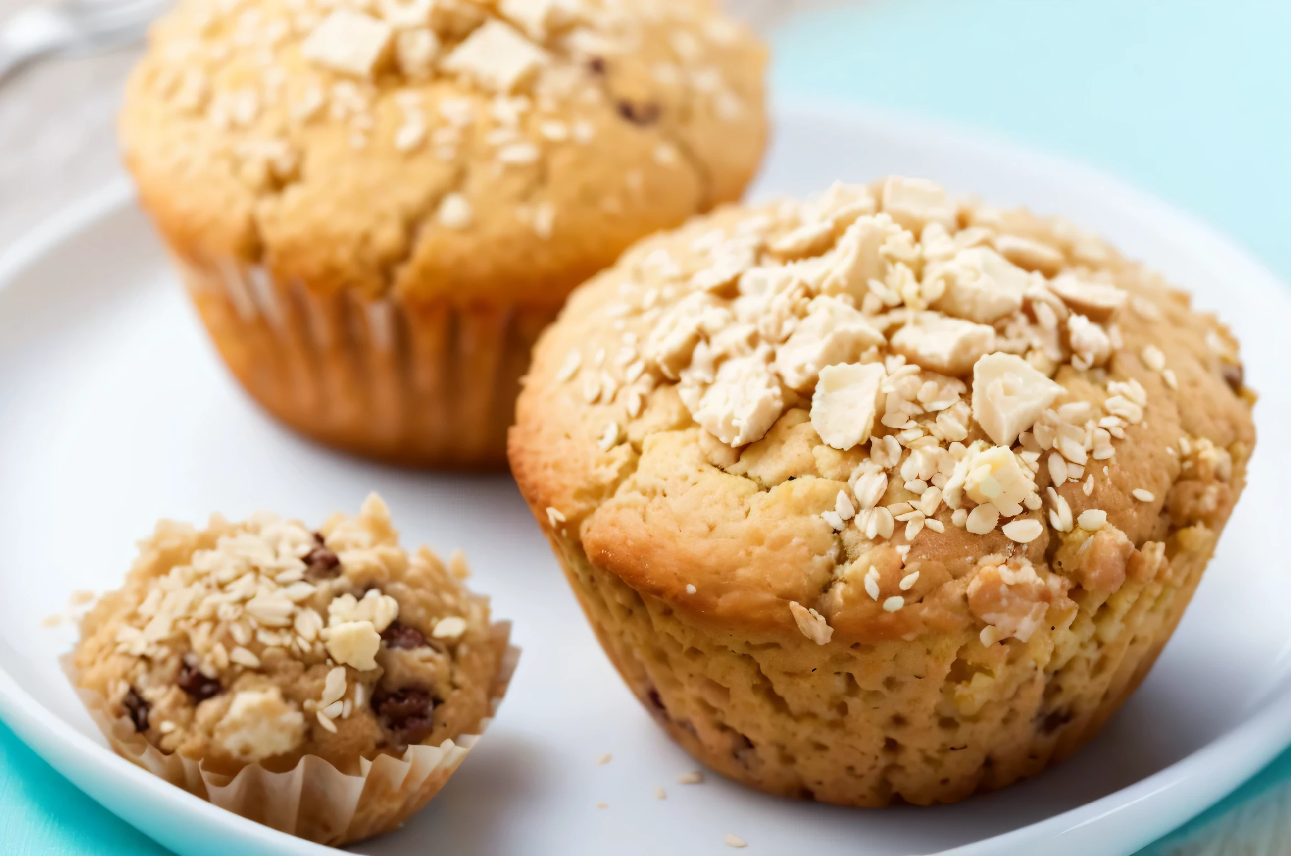 there are two muffins on a plate with oatmeal on top, receita, altamente detalhado, farinha de aveia grande, Healthy, altamente intrincado, Delicioso, Altamente Texturizado, a B C D e F G H I J K L M N o p q R S T U V W x y Z, altamente detalhado, altamente detalhado -, mulher, !!altamente detalhado, altamente detalhado, arte mista, delicioso com sementes de gergelim