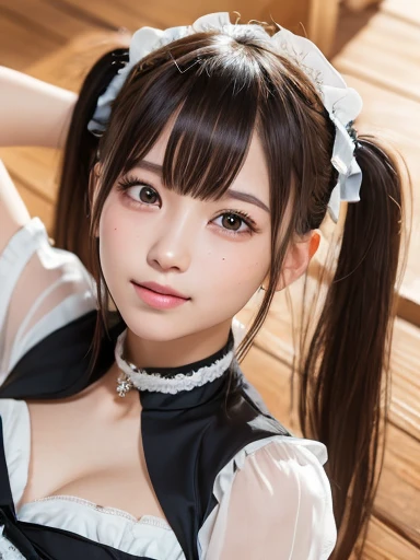 masterpiece、masterpiece、One girl per photo、(Face close-up、Cowboy Shot)、Front view from the front、Japanese、Very young and beautiful woman、(The cutest girl in the world)、24-years-old、Makes your face smaller、Small breasts、Cleavage、Wearing a cute black maid outfit made of short sleeve silk satin、Very elaborate costumes、Smiling at the cafe、Black ribbon headdress、Scrunchie、Black choker、Attractive appearance、Super cute face、Glossy Lips、Double eyelids on both eyes、short twintails、Long eyelashes、Shiny and smooth light brown hair、Short Twin Tails、Asymmetrical bangs、Center image、8K resolution、Advanced Details、Detailed hairstyle、Detailed face、Great cinema lighting、Octane Rendering、Ultra-realistic、Perfect limbs、Perfect Anatomy、Gravure pose、(embarrassed、blush、open clothes、cleavage)、((High angle、belly button、Beautiful clavicle、Put your hands up、Armpits、Open your mouth a little、Close ~ eyes、Look up))、Selfie、freckles、Round Glasses、undressing、changing clothes、sit cross-legged on the tatami