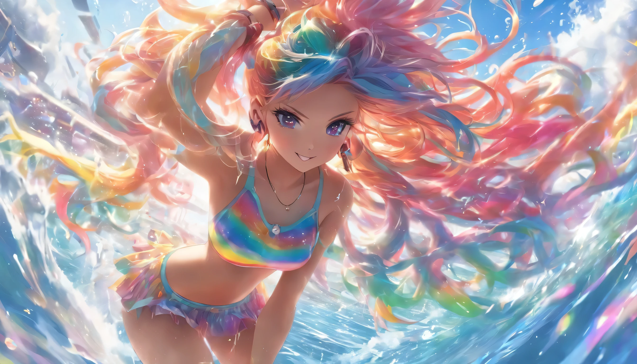 Transparent color PVC clothing, Transparent Vinyl Bikini, Prismatic, Holographic, chromatic aberration, Fashion Illustration, masterpiece, DJ Girl,, 8k, Super detailed, Pixiv、(((Fairy)))、((Colorful Hair))、((Wearing futuristic headphones))、((I'm sticking out my belly button))、((Swaying bust))、(((Rainbow Hair)))、((Too big boobs))、((Jumping))、(((In the water ocean)))、((Narrow waist))、(((The lower body is a fish)))、mermaid、((blue eyes))、(((Many glowing bubbles)))、Long tail fin