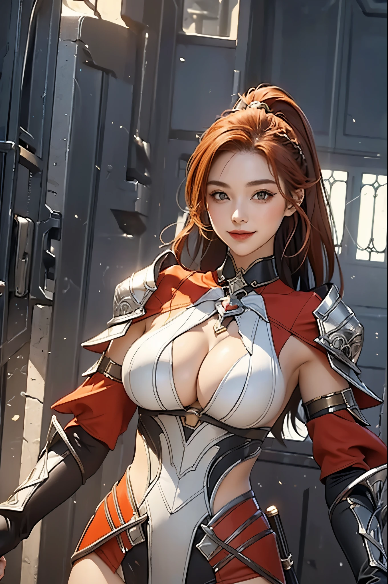 20 year old woman,soft lighting, posing,perfect face,smiling,perfect figure, red hair,random hairstyle,fancy silver armor,narrow shoulders,huge breasts, wide hips