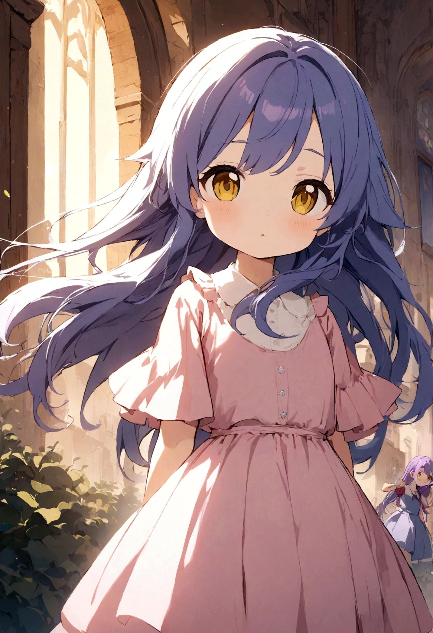 1girl, violet blue hair, long hair, yellow eyes, pink dress, , short stature, little, beautiful look, , kawaii, masterpiece, high quality, anime girl, 2d, anime style