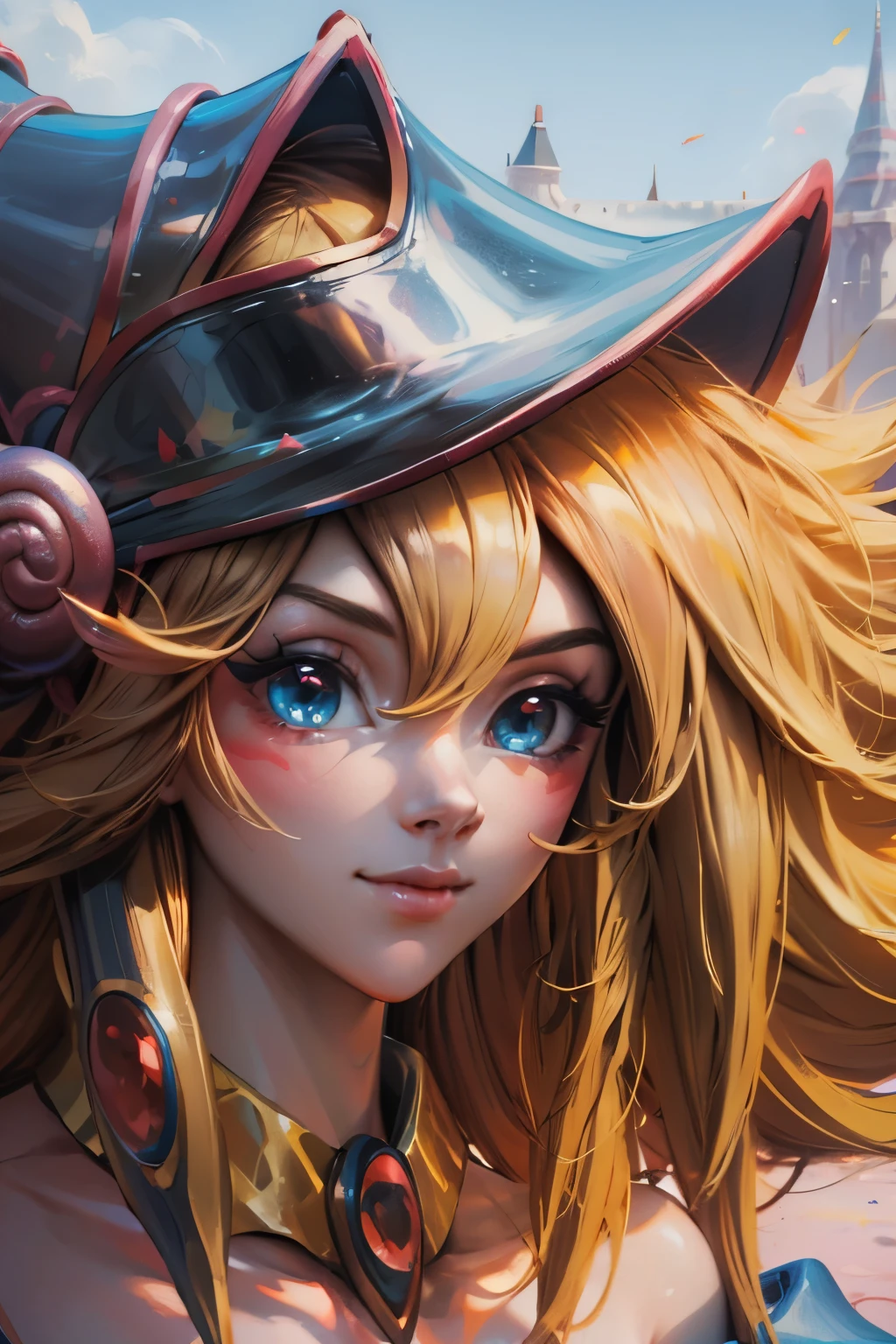 Hermoso rostro de dark magician gils, ojos azules. Labios rosados. Cabello rubio y largo. Ombros descubiertos, sonrisa angelical, hermoso rostro bien detallados de dark magician gils.