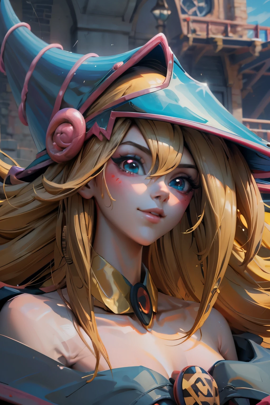 Hermoso rostro de dark magician gils, ojos azules. Labios rosados. Cabello rubio y largo. Ombros descubiertos, sonrisa angelical, hermoso rostro bien detallados de dark magician gils.