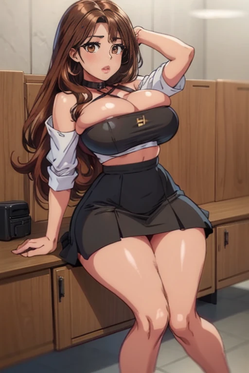 girl with large chest, long brown wavy hair, long bangs, brown eyes, full body, collar, long brown wavy side bangs, black skirt and crop top