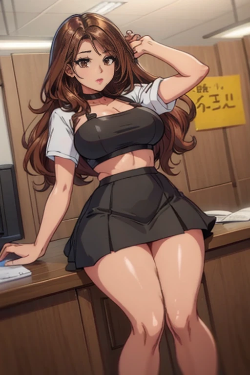 girl with large chest, long brown wavy hair, long bangs, brown eyes, full body, collar, long brown wavy side bangs, black skirt and crop top