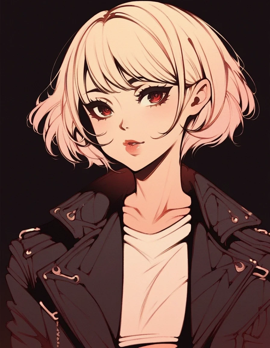 score_9, score_8_up, score_7_up,1girl, solo, perfect face, cute face, black eyeliner, long eyelashes, [red eyes:0.7], white asymmetric bob hair, wearing leather jacket, white croptop, slim, upper body, city black background,