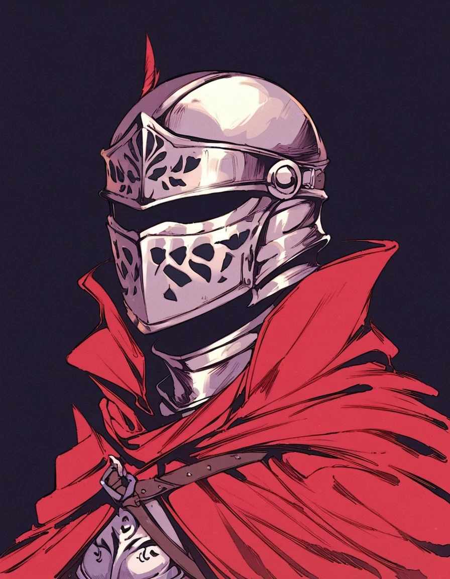 score_9, score_8_up, score_7_up,armored medieval knight, helmet with closed visor, red cloak, black background,