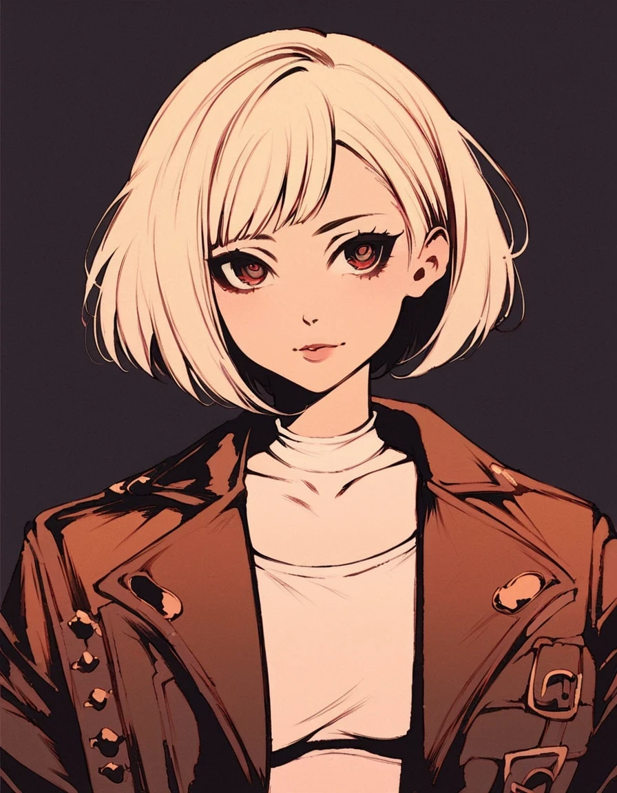 score_9, score_8_up, score_7_up,1girl, solo, perfect face, cute face, black eyeliner, long eyelashes, [red eyes:0.7], white asymmetric bob hair, wearing leather jacket, white croptop, slim, upper body, city black background,