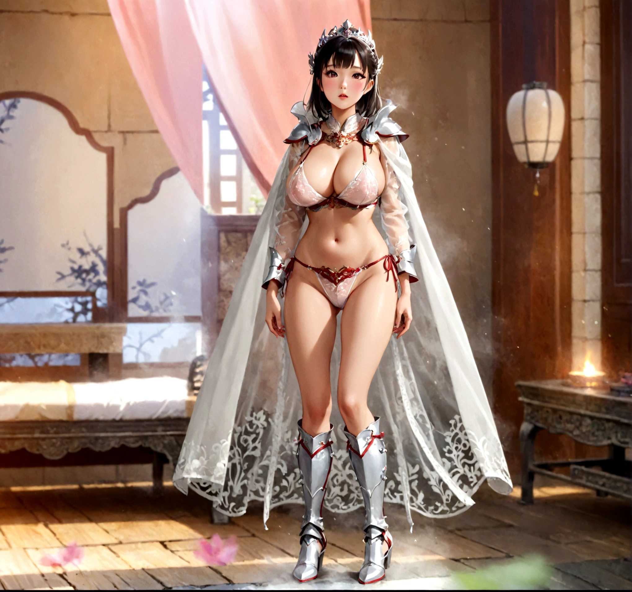 Woman wearing sexy lingerie and cape, full body xianxia, Beautiful fantasy queen, She exhibits sexual arousal and strong desire，sexual hunger，Transparent red and white underwear，see-through clothing，high cut underwear，Huge Breasts，Big  girl，Seductive naked girl, Hino Rei as a princess, guweiz masterpiece, Wear white boots，The whole body is rich in detail, Girl wearing Hanfu, Popular on cgstation
