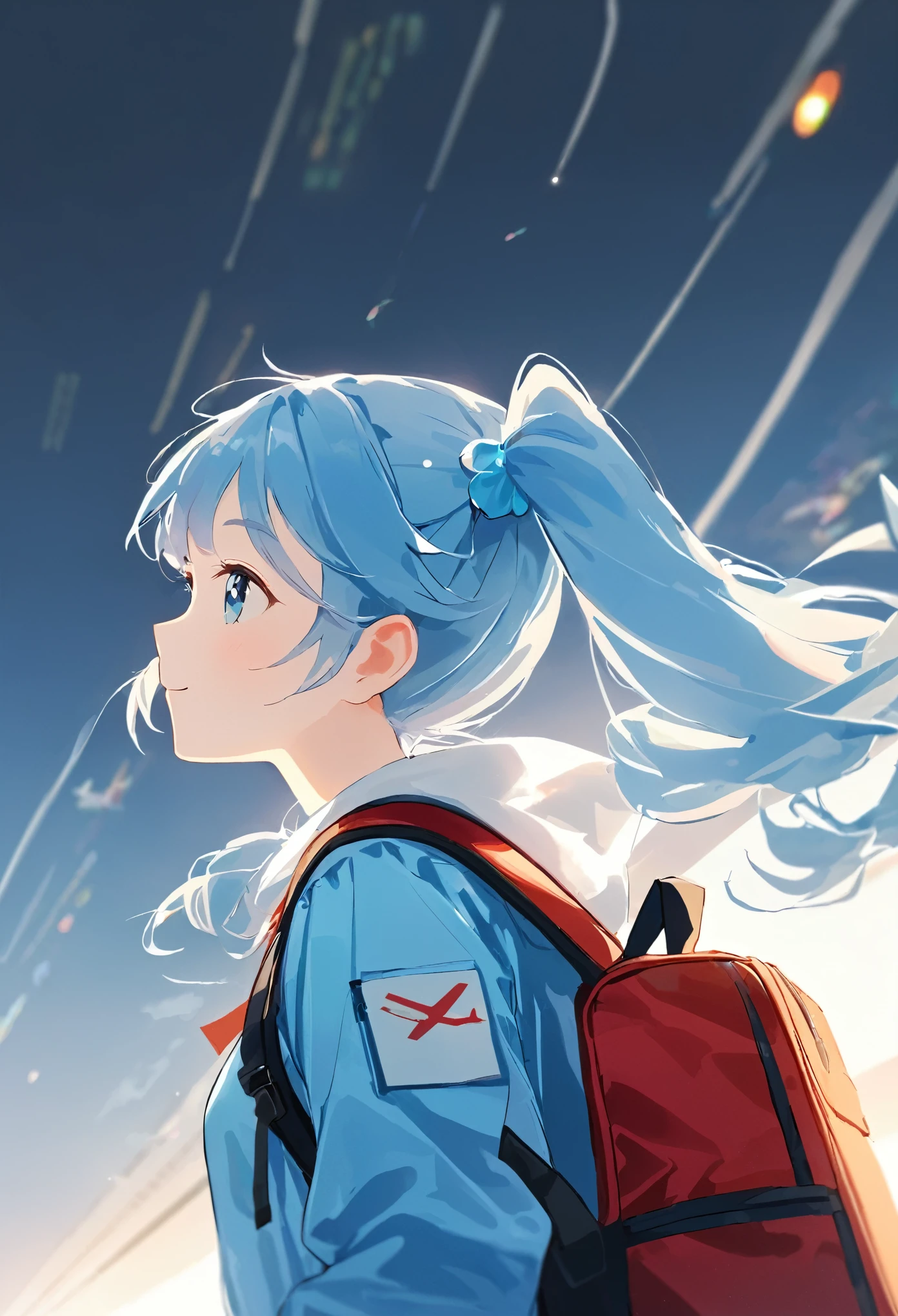 Girl with backpack at airport，Light blue long hair、Twin tails 、My backpack is full of happy spring，Looking up at a large passenger plane、Simple lines，Minimalism，Abstraction，Lots of white space、