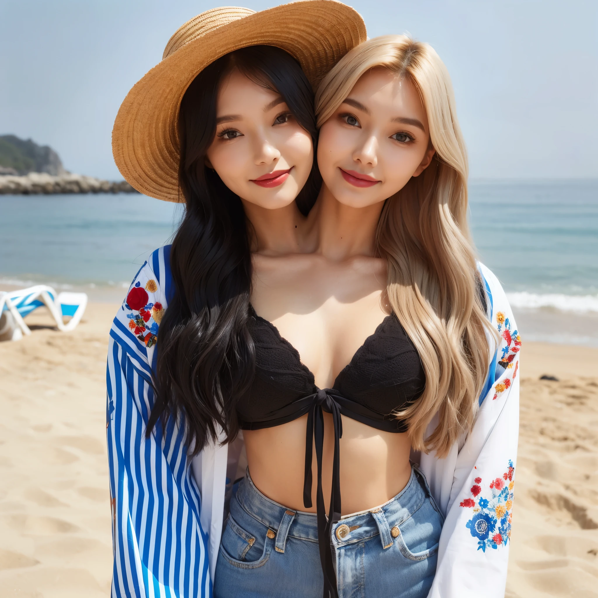 2heads, best resolution, korean woman with two heads, smiling, red lipstick, black hair, blonde hair, different faces, black bikini, summer hat , denims, beach background