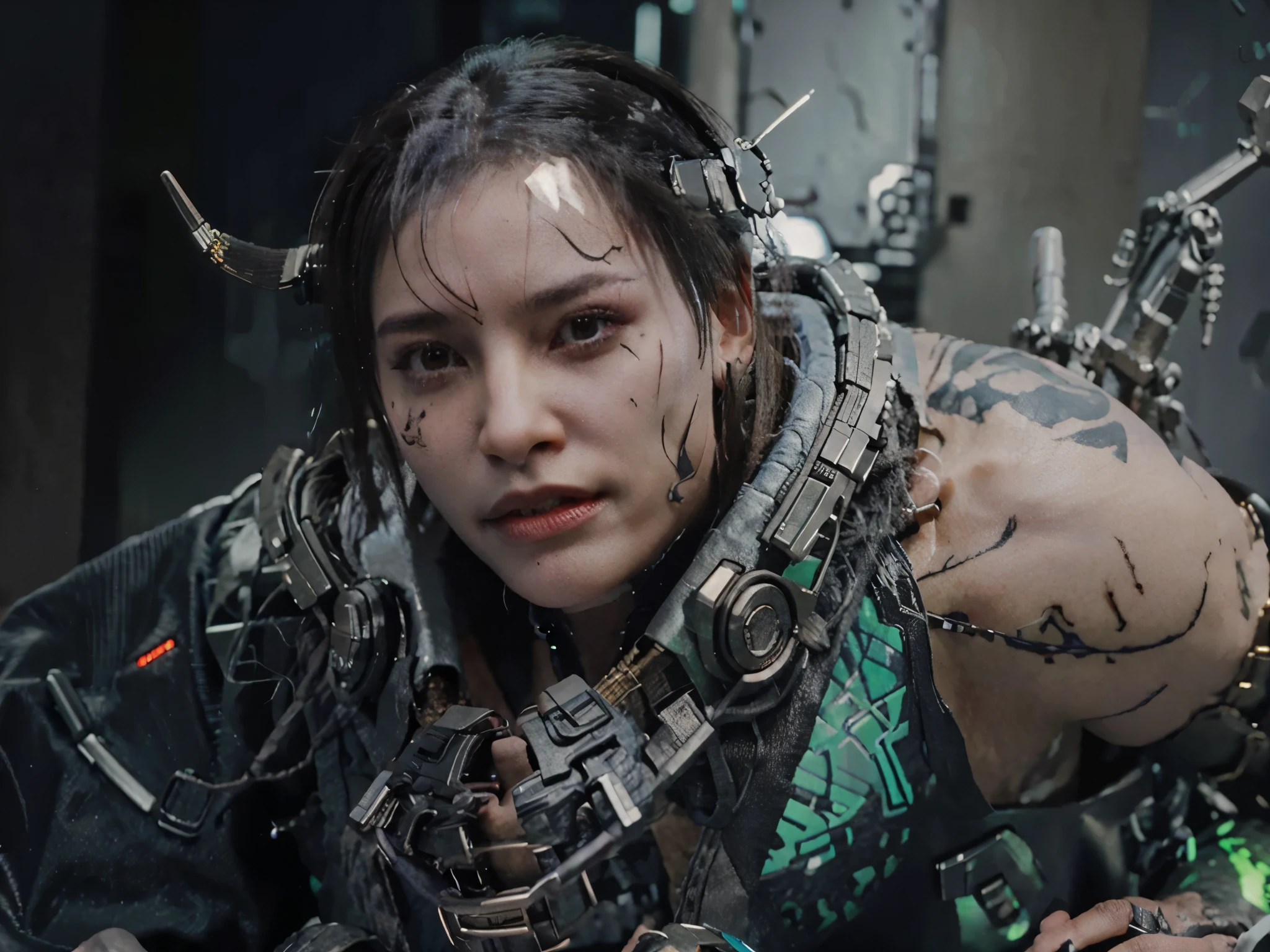 (Cyberpunk) orc in hip-hop style with cybernetic implants fused with the skin