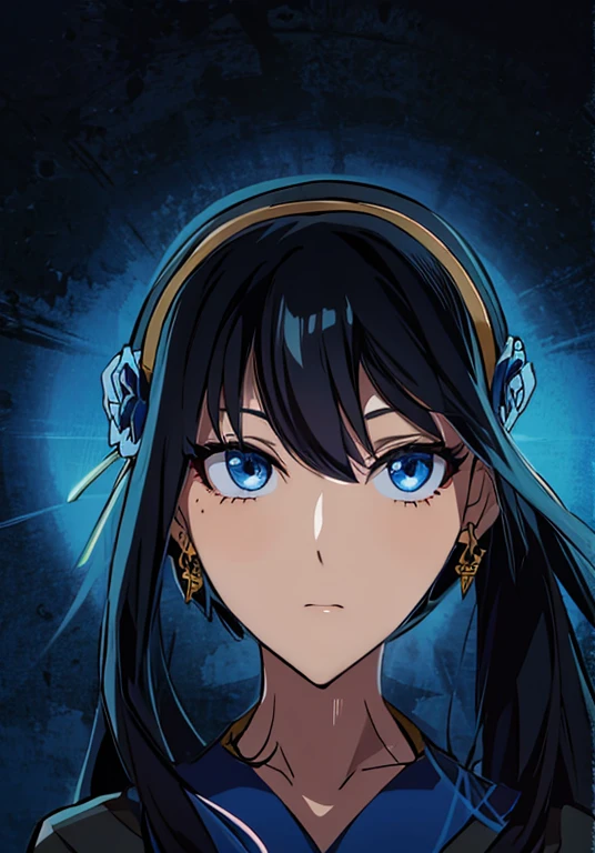 Anime 20 years old girl, black hair, blue flowers on hair, golden earrings