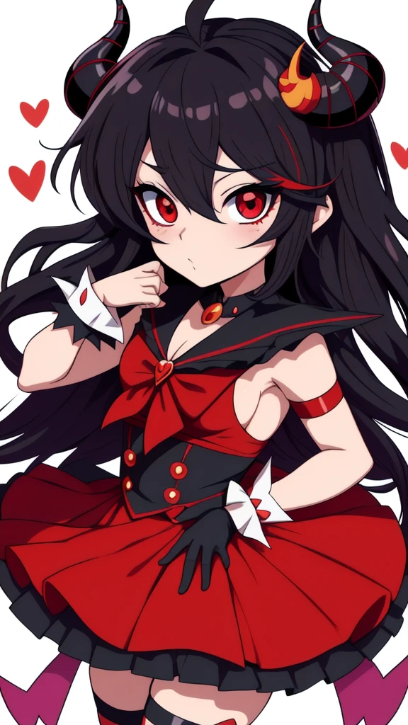 a cartoon image of a girl with a black demon horns on her head, estilo de arte anime moe, mika kurai demon, O vampiro, demon slayer rui fanart, garota monstro chibi, demon anime girl, estilo como nendoroid, anigirl batman, Akane Owari Danganronpa, chibi, Ryuko Matoi, demon boy, Gapmoe Yandere Grimdark, ((chibi, chibi style, chibi emote style, chibi only)), chibi, emote style, black hair, red Eyes, demon girl, ((black hair)), chibi emote, (( red eyes, demon girl)),