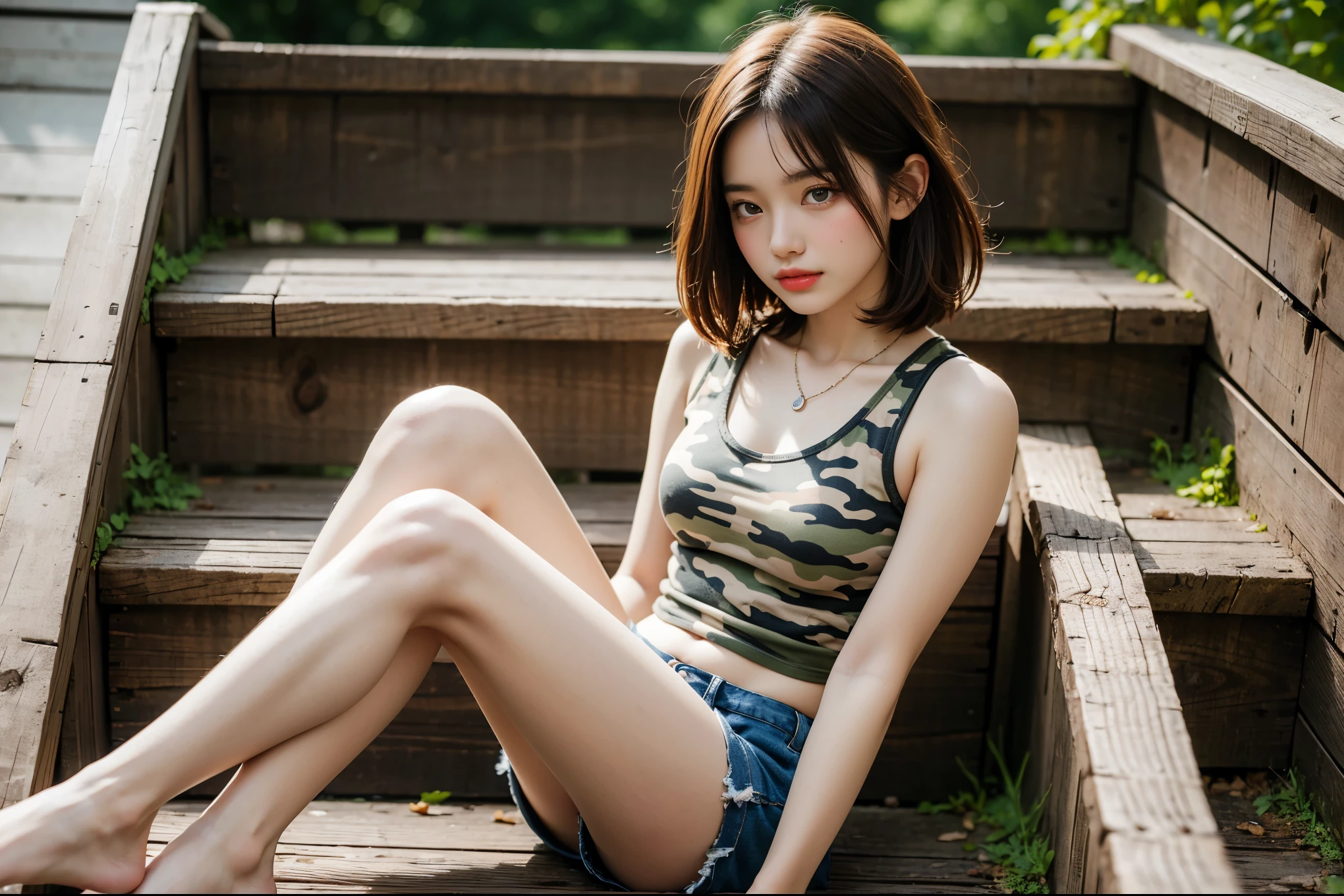 (Photographed with Canon EOS R5,Canon EF 24-70mm f/2.8L II,LED panel) , realistic, BREAK, solo focus, (full body shot:1.4), BREAK, (1girl, flat chest :1.4), (high resolution detail of human skin texture : 1.5), brown eyes, spread legs, perfectly proportions, looking at viewer, brown short hair, skinny body, BREAK, (tank top :1.5), (sitting down on stairs:1.5), outdoors, BREAK, sexysoldier, camouflage pants, open clothes, dog tags, gloves, vest, boots, bandolier, ammunition belt