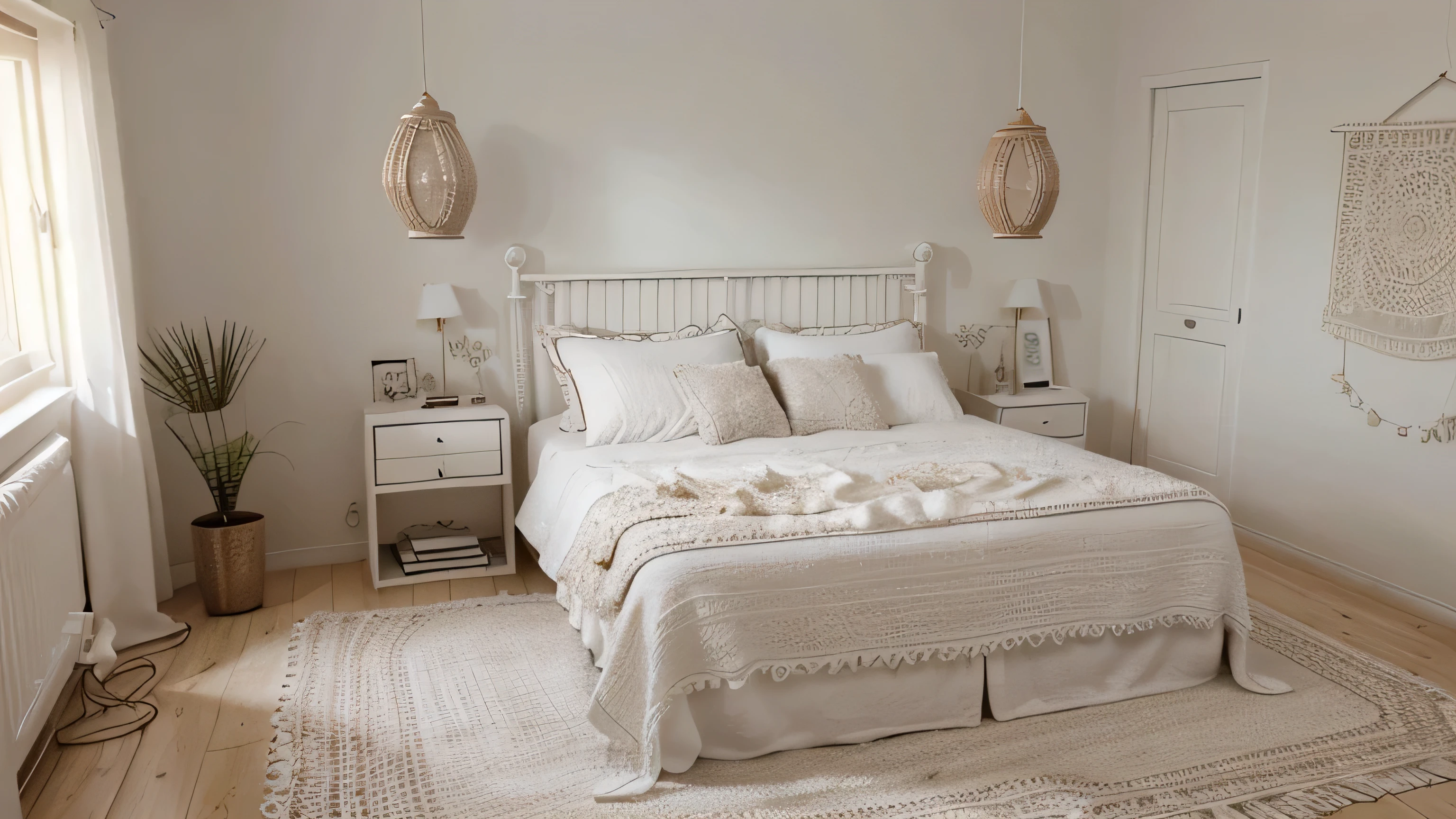 double bedroom, boho chic, white, cozy bed, crochet bedspread, minimalist wall, wall with 1 painting and 1 macramé, without many adornments, just 1 chandelier, lamps on the sides of the bed, bedside table, wardrobe with 3 closed doors, cimematic, 3d, realistic, 4k